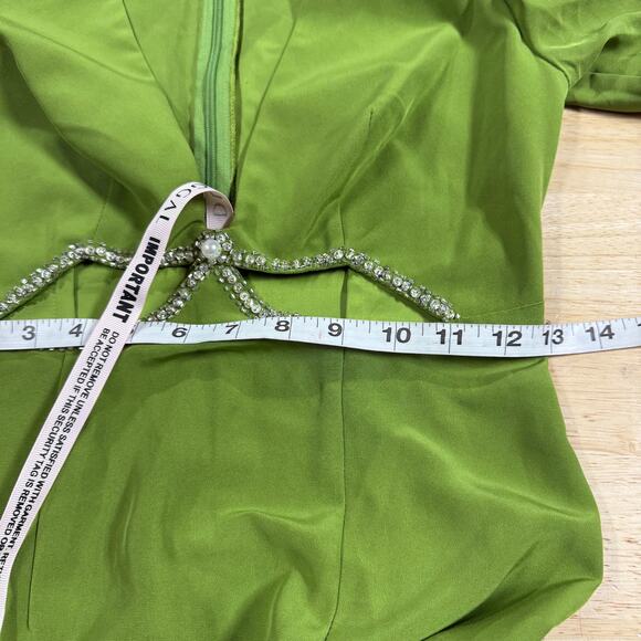 Mac Duggal NWT Plunge Neck Puff Sleeve Beaded Cut Out Gown Green Apple Size 0 - Picture 8 of 11